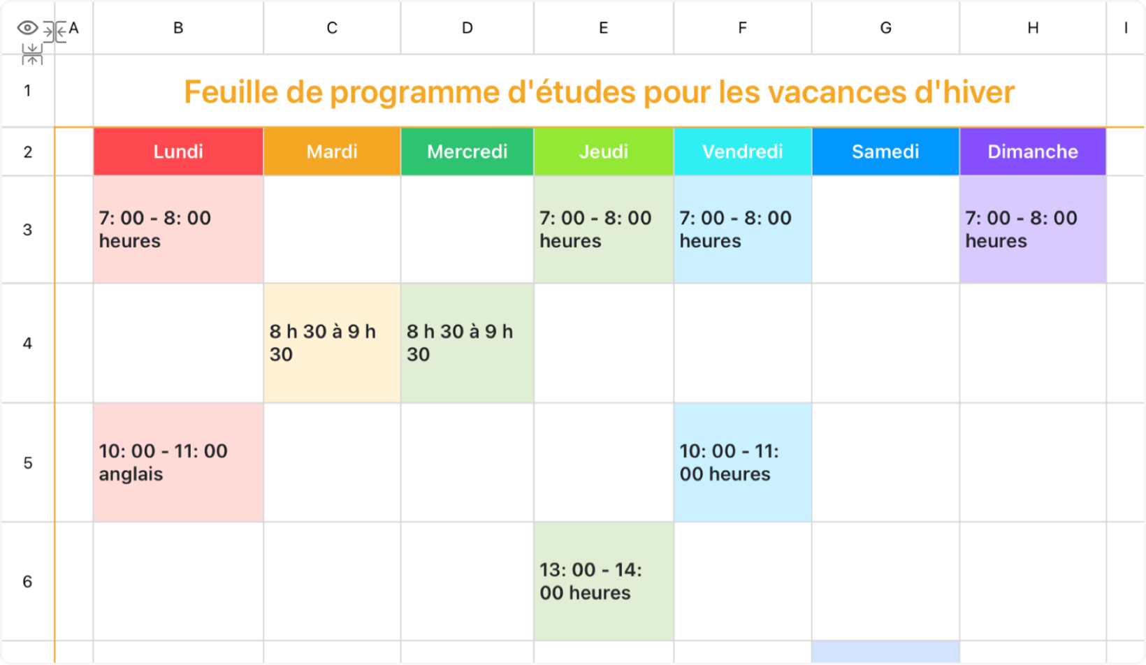 Feuille de programme d'études pour les vacances d'hiver
